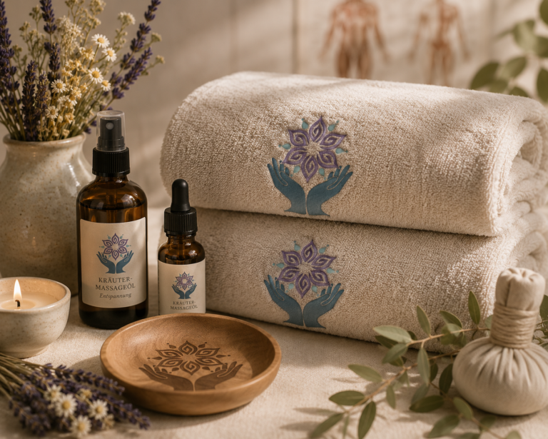 Logo einer Masseurin - gestickt auf Handtücher, gedruckt auf Etiketten von Ölfläschchen und graviert in eine Holzschale