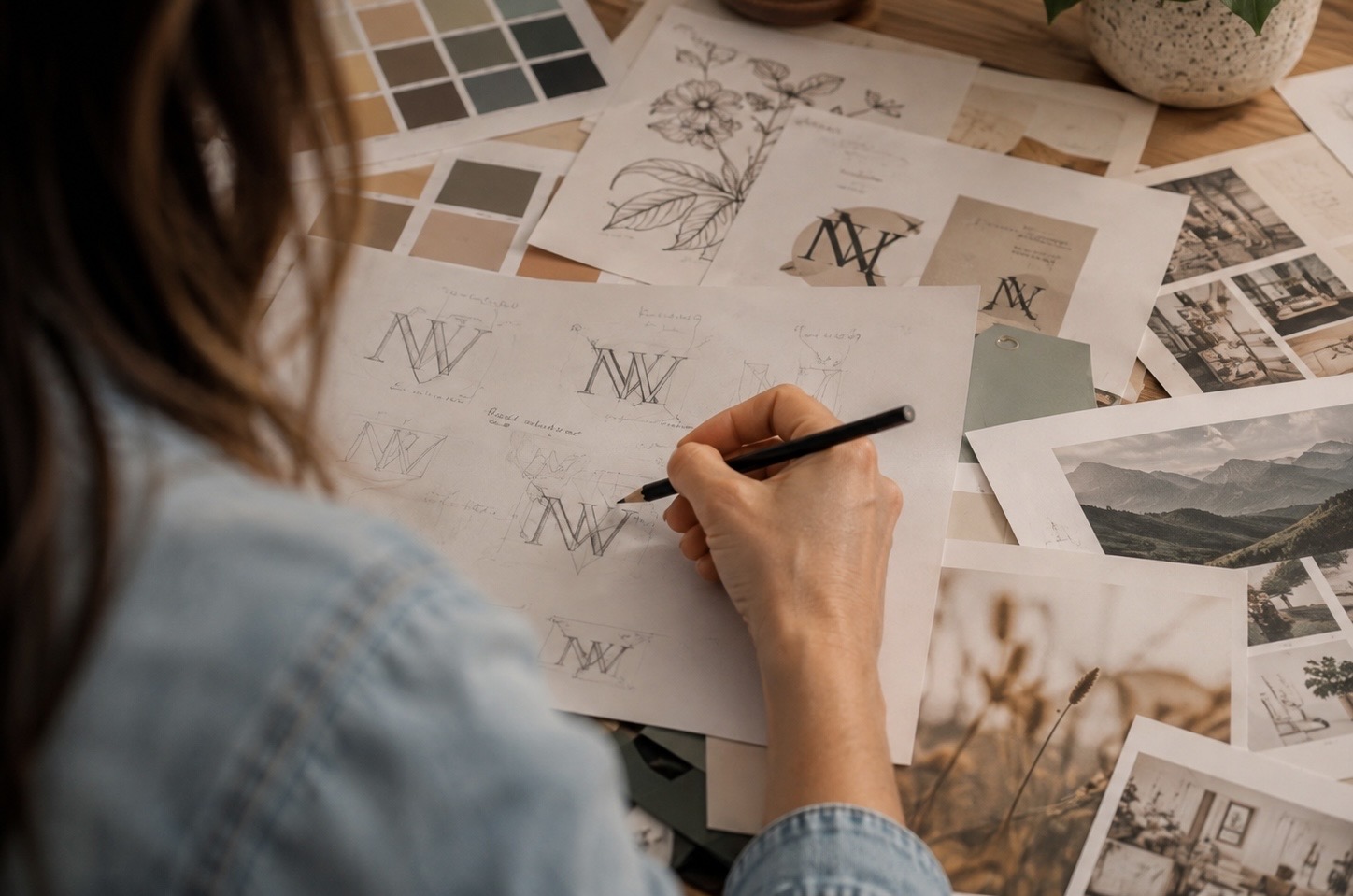 Nicole Wagner Grafikdesignerin am Arbeitsplatz mit Designprojekten