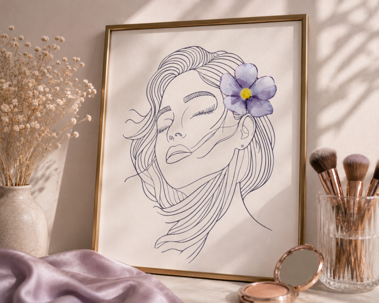 Illustration eines weiblichen, sinnlichen Gesichts mit einer Vergiss-Mein-Nicht-Blüte